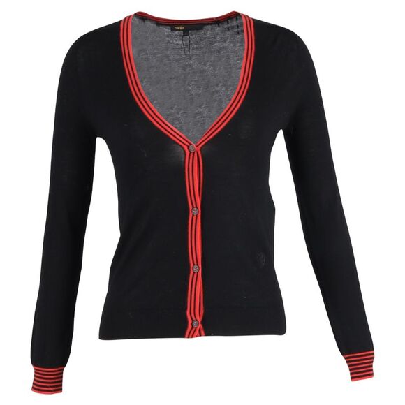 Maje Knitted Button-Down V-Neck Cardigan in Black and Red Wool - Picture 1 of 6